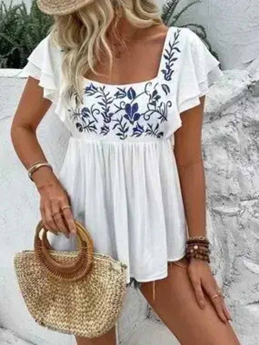 Embroidered Flutter Sleeve Blouse - Picture 6 of 7